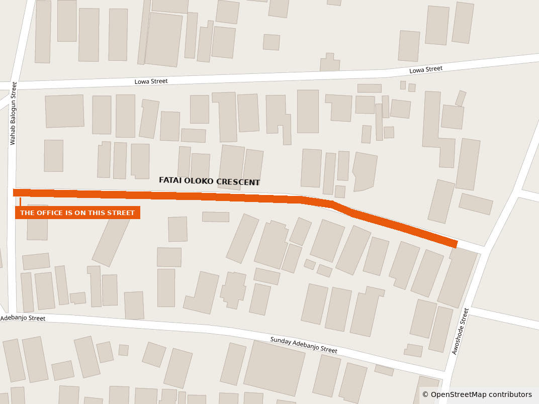 Street map of the office location in Ikorodu, Lagos. Fatai Oloko Crescent is highlighted, running between Lowa Street to the north and Sunday Adebanjo Street to the south, from Wahab Balogun Street at its western end to Awoshode Street at its eastern end.